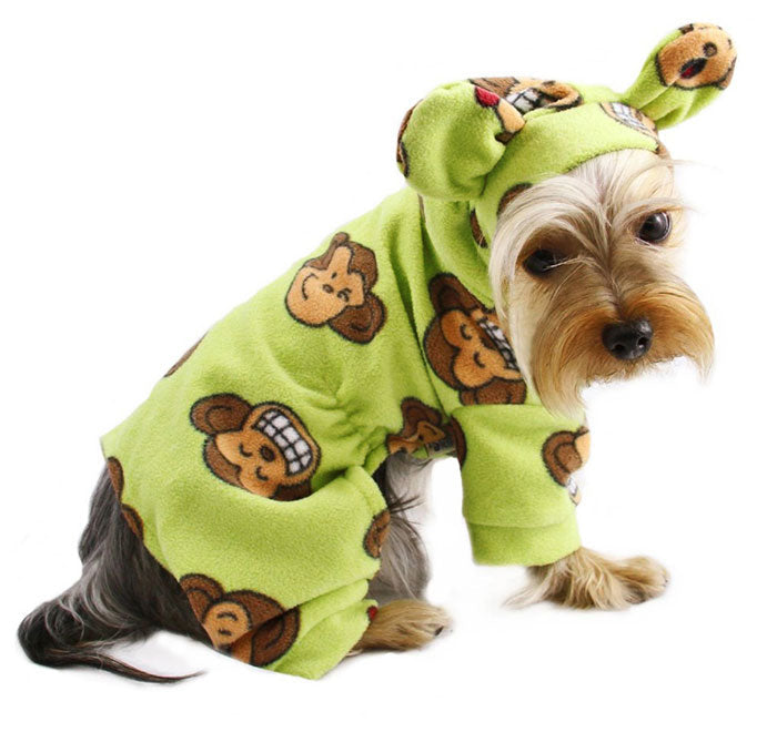 Adorable Silly Monkey Fleece Dog Pajamas/Bodysuit with Hood - Lime