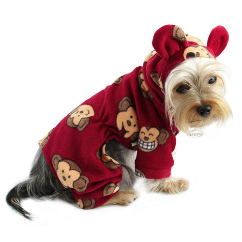 Adorable Silly Monkey Fleece Dog Pajamas/Bodysuit with Hood - Burgundy