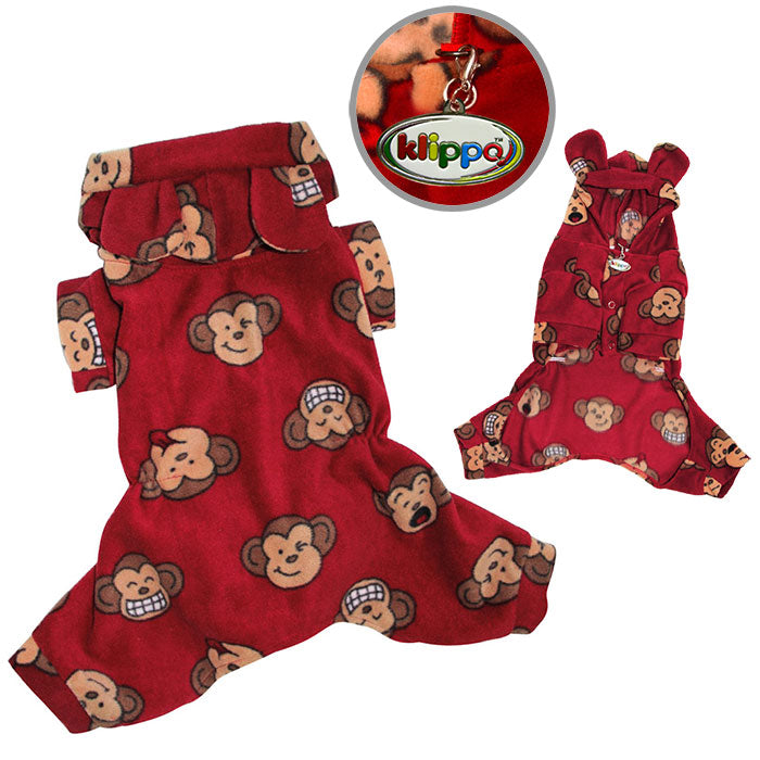 Adorable Silly Monkey Fleece Dog Pajamas/Bodysuit with Hood - Burgundy