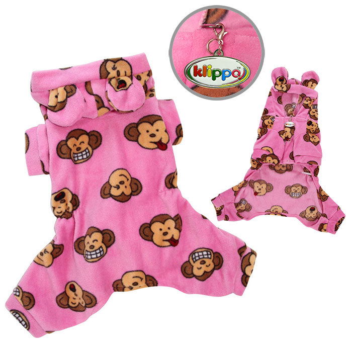 Adorable Silly Monkey Fleece Dog Pajamas/Bodysuit with Hood - Pink