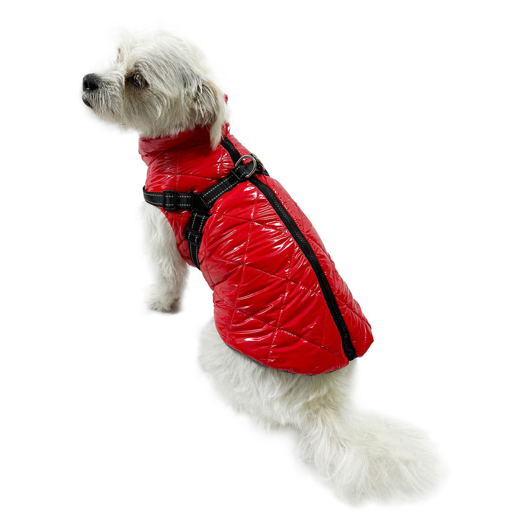 Water Resistant Puffy Vest with Built-In Harness - Red