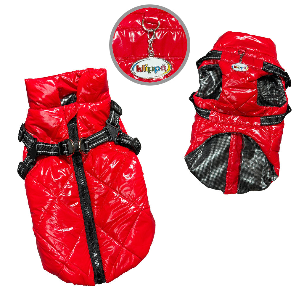 Water Resistant Puffy Vest with Built-In Harness - Red