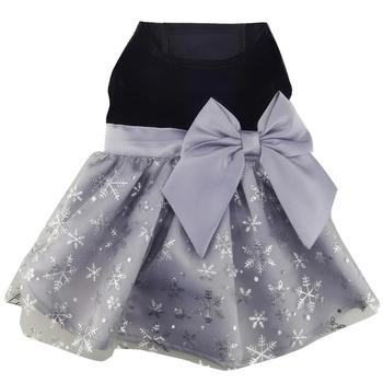 Holiday Dog Harness Dress - Black Velvet with Gray Snowflake Skirt