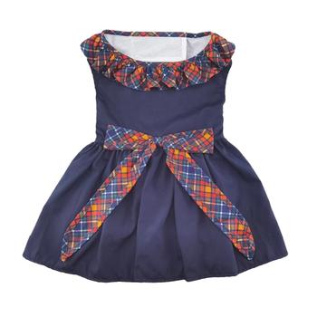 Navy Dog Dress with Plaid Ruffles