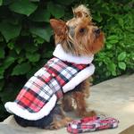 Sherpa-Lined Dog Harness Coat - Red & White Plaid