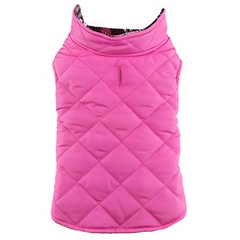 Reversible Fleece Lined Puffer Dog Coat - Pink Plaid