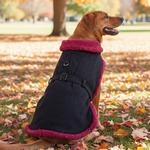 Sherpa-Lined Dog Harness Coat - Black & Burgundy Dots