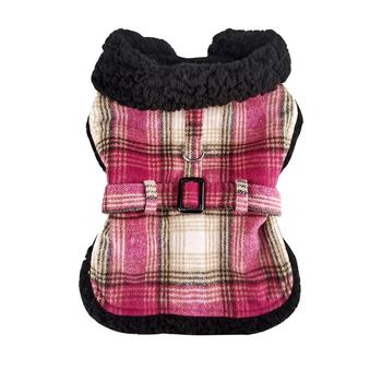 Sherpa-Lined Dog Harness Coat - Hot Pink & Tan Plaid